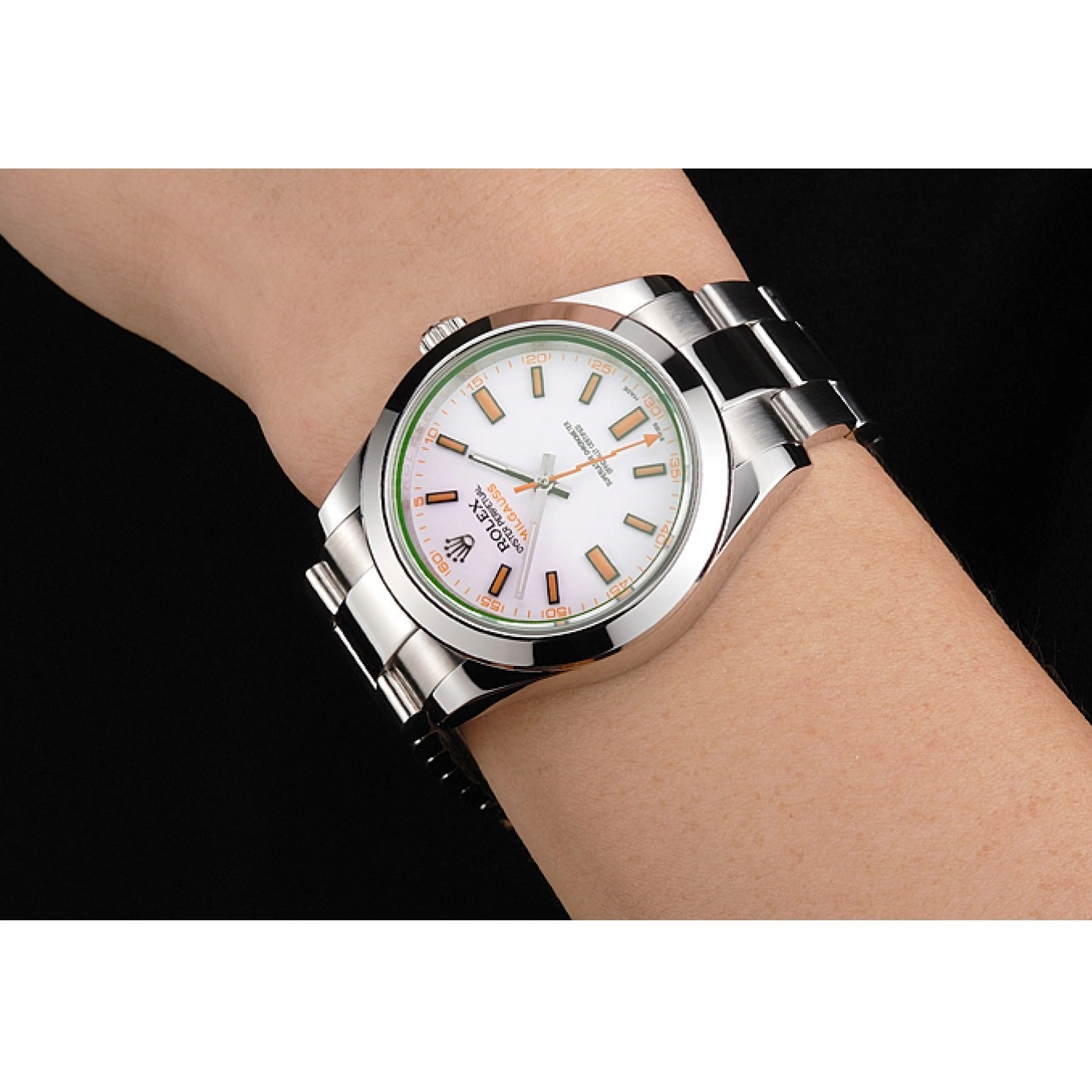 Aaa replica watch And Rolex White Stainless Bracelet Steel Markings Orange Case Dial Swiss Milgauss 0731